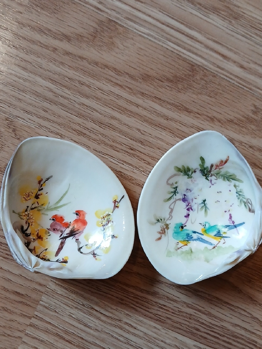 Two Dainty Shiny Handpainted Shells Colorful Birds On Branches